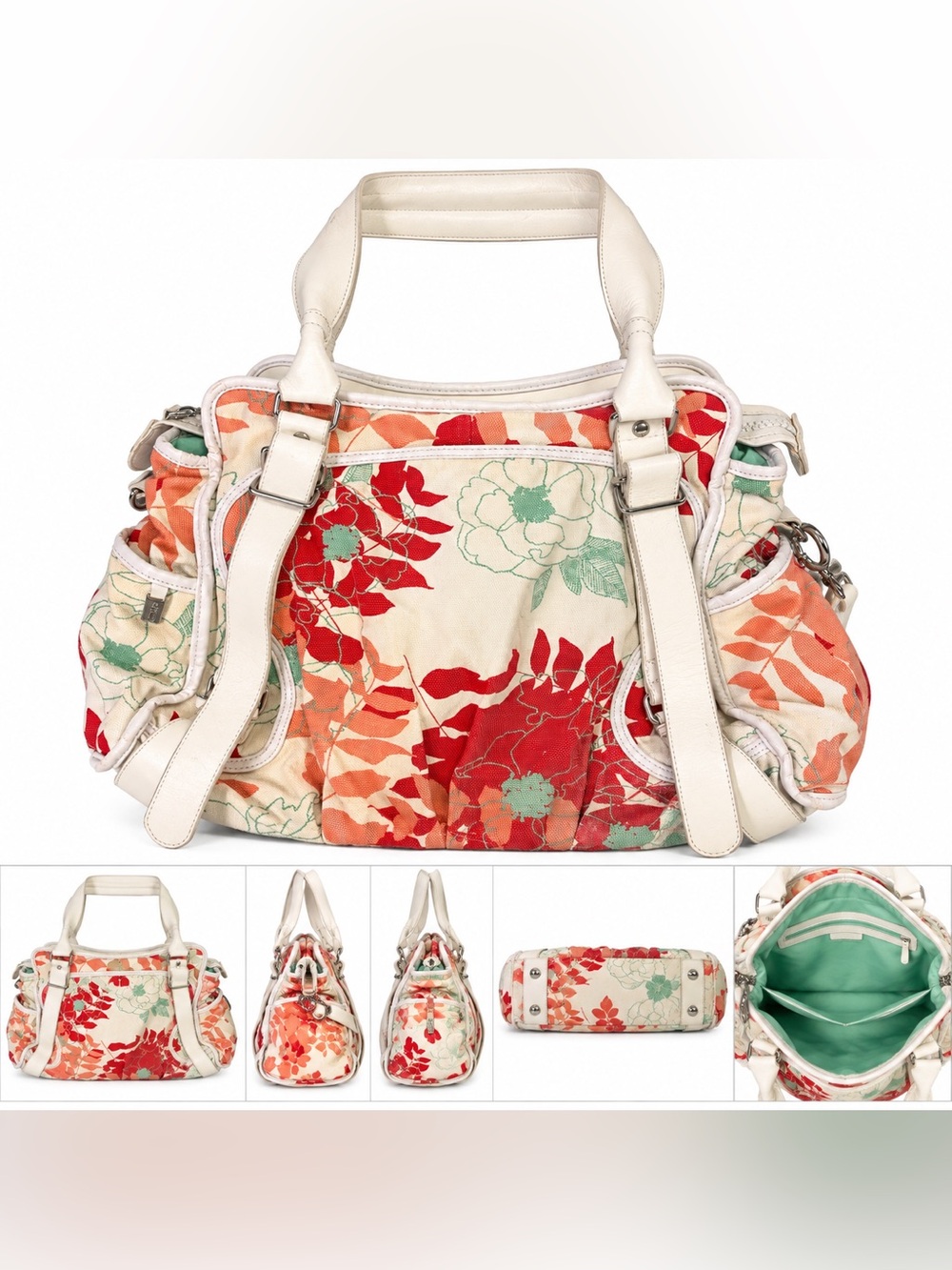 LuluLemon Large Floral Canvas Satchel Shoulder Bag White Leather Trim Y2K Boho